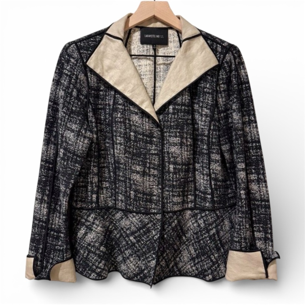 Lafayette 148 New York Black White Cotton Linen Blend‎ Cuffed Jacket 12 Career